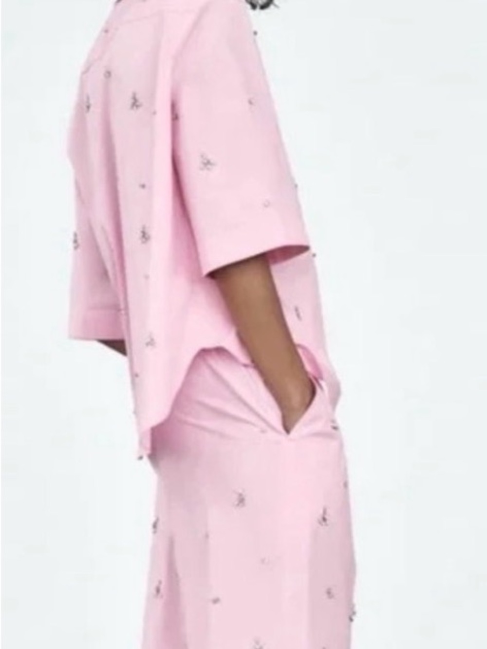 Zara Pink Cotton Button-Up Blouse | Rhinestones | 3/4 Sleeves | S | NWT - Picture 9 of 13